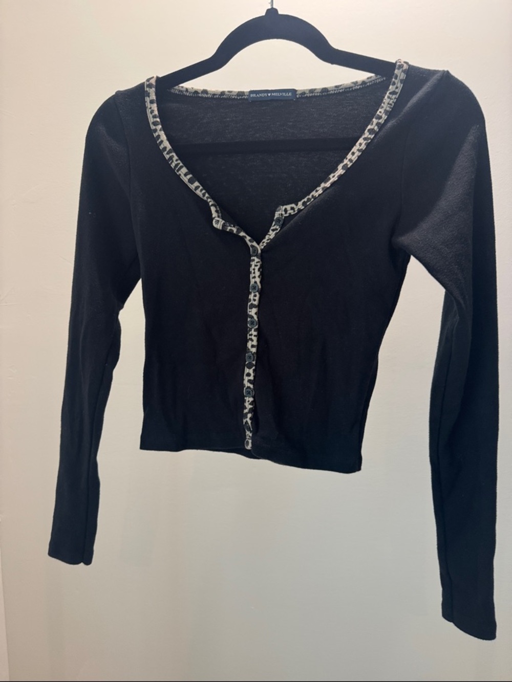 Brandy Melville Black Long-Sleeve Crop Cardigan with Leopard Trim